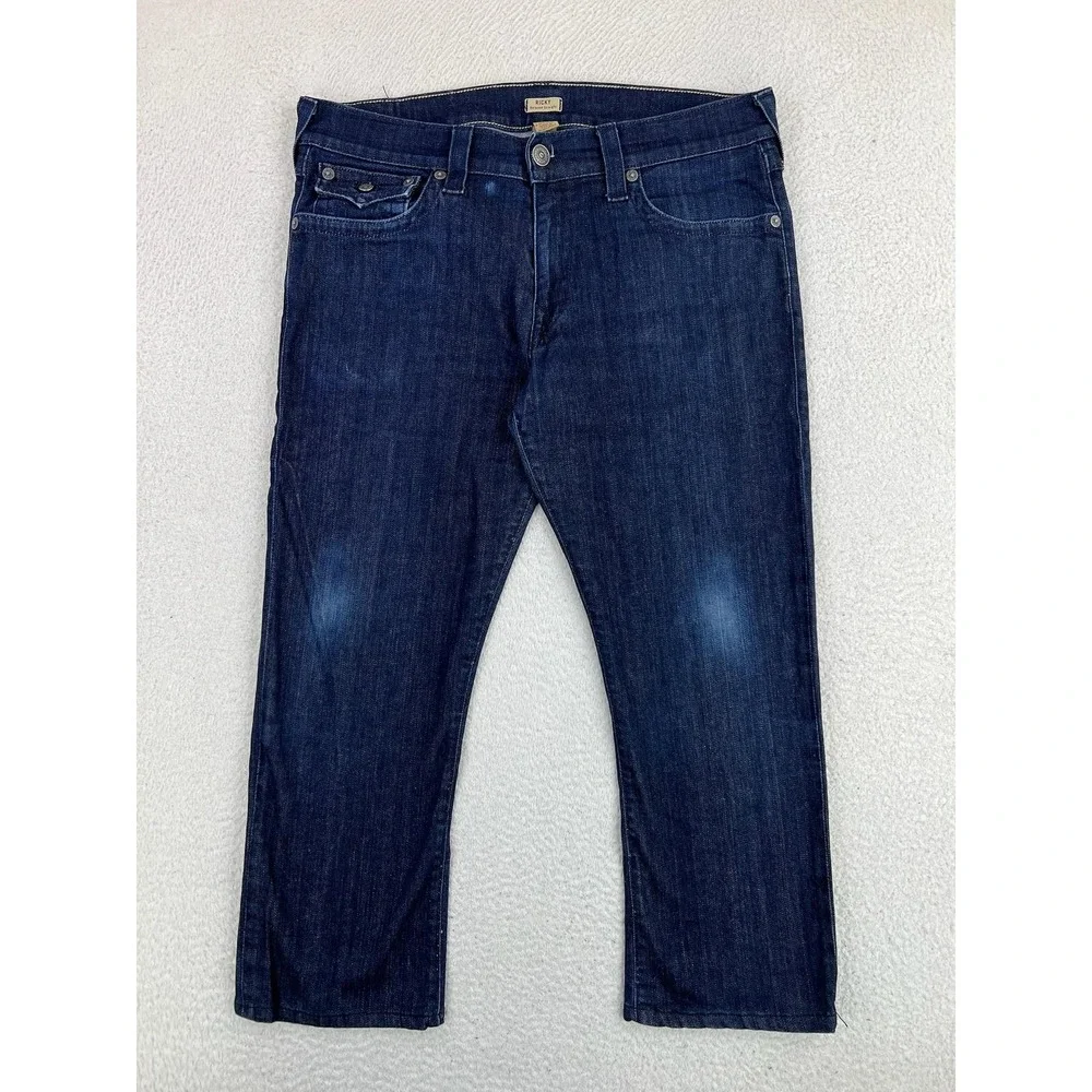 True Religion Ricky Relaxed Straight Jeans Mens 36x26 Blue Stretch Denim USA